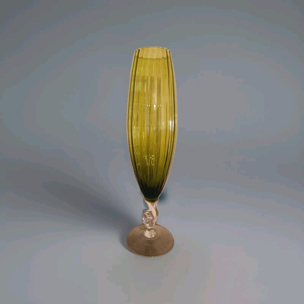 Vintage MCM Empoli Rib Optic Italian Art Glass Green 19.5" Balloon Vase